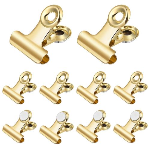10 pinces magnétiques pour réfrigérateur et tableau blanc - Fixation forte, acier inoxydable, organisez vos photos et notes, couleur dorée