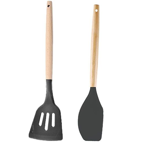 Ensemble D'ustensiles De Cuisine En Silicone 2 Pièces Avec Poignées En Bois Résistantes À La Chaleur - Antiadhésif, Facile À Nettoyer, Indispensable Pour La Cuisine