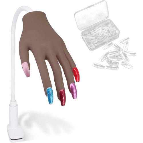 Kgabery-Main D Entrainement Pour Ongle, Silicone Main D'entrainement Manucure Avec Faux Ongles, Professionnels Flexible Réglables Mains Et Doigts D'entraînement Manucure (Brun Café) 