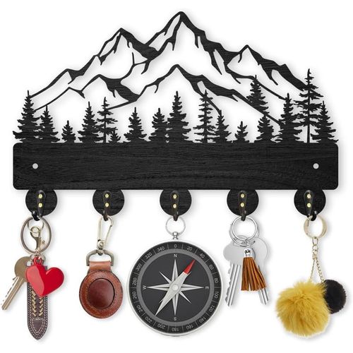 GOTHICANA BY EMPPorte-Clés Mural En Bois De Montagne Pour Mur 30 X 19 Cm - Paysage Forestier - Porte-Clés - 5 Crochets En Alliage - Décoration D'Intérieur - Cadeau Mural Pour Entrée, Cuisine, Couloir
