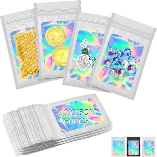 Gothicana By Emppochon Weed 60 Pièces Pochon Mylar Refermables Sachet Zip Sachet 10 * 15cm Pochon Plastique Aluminium Avec Fenêtres Transparente Holographique Pour Bonbons Jwely Biscuits (Blanc)