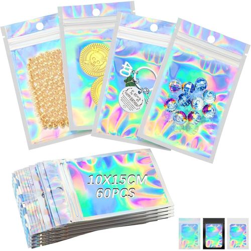 Gothicana By Emppochon Weed 60 Pièces Zip Sachet Pochon Refermables Mylar Sachet 10 * 15cm Pochon Plastique Avec Fenêtres Transparente Aluminium Holographique Pour Biscuits Café Jwely (Brillant)