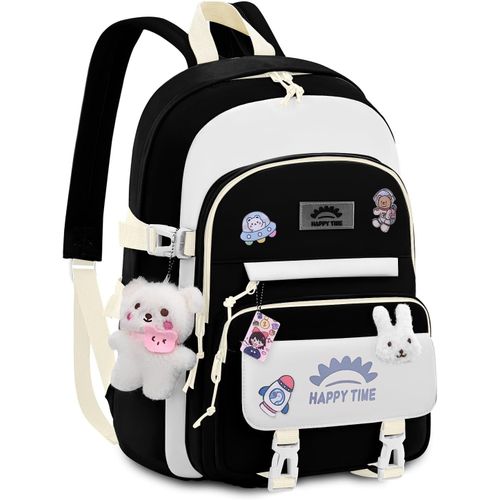 Cartable Fille Primaire, 20 Litres Sac A Dos Fille Cartable Kawaii Avec Pendentif, Sacs Scolaires Léger Et Imperméable En Nylon Pour Enfants De 8 À 14 Ans, Noir