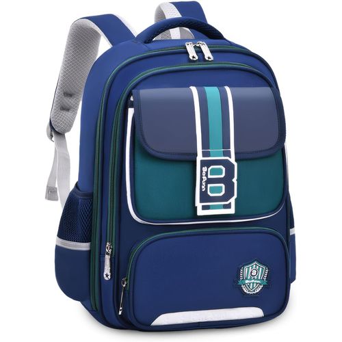 Cartable Garcon Primaire Ergonomique, 20 Litres Sac A Dos Ecole Garcon Pour Enfants 8 À 12 Ans, Imperméable Sacs D'École Garçon Primaire, Bleu Marine Vert