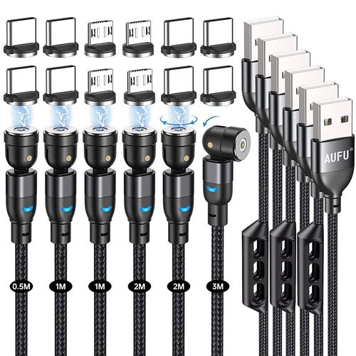 Kgabery-Câble Usb Magnétique [6pcs, 0.5 M /1m/ 1m / 2m / 2m / 3m] Chargeur Magnétique Rotation À 360 ¿¿° Et 180 ° Chargeur Aimanté En Nylon Avec Micro Usb/Type C Pour Smartphone-Noir