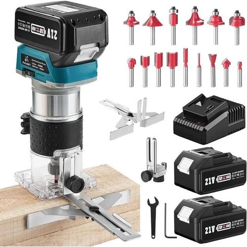 Affleureuse Défonceuse sans Fil 21V avec 2 Batteries 4.0Ah + 15 Fraises Incluses- Compacte pour Travail du Bois