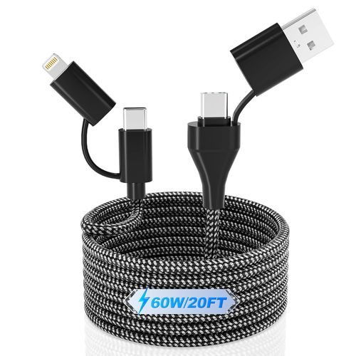 CLOUDDS_60W 4-En-1 Cable Usb C Vers Usb C Charge Rapide Câble,6M Longue Nylon Tressé Multi Câble Chargeur Type C,Cable Iphone Universel Lightning/Type C/Usb A Ports Pour Iphone 15 14 13 12 Pro Max Sa