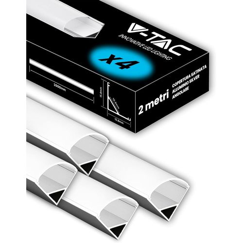 CLOUDDS_Lot De 4 Profils D'Angle De 2 Mètres Pour Bandes Led ¿(8 Mètres Totaux)-Profils Pour Bandes Led En Aluminium Avec Couverture Satinée-Couleur Argent-Coins 21,3 X 15,8 Mm