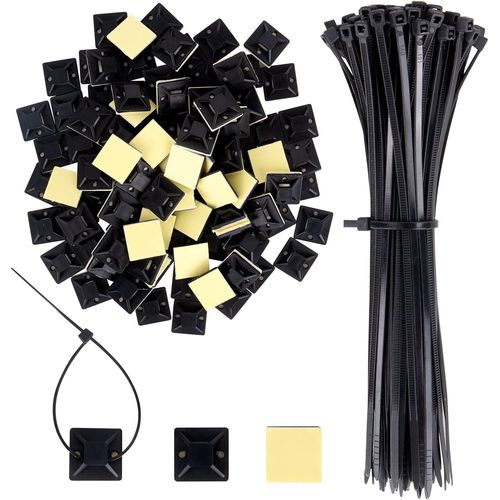 CLOUDDS_Lot De 100 Supports Adhésifs Pour Serre-Câbles,20 X 20 Mm,Support De Serre-Câbles Auto-Adhésif Et 100 Serre-Câbles,Supports Adhésifs Pour La Gestion De Tous Les Types De Câbles(Noir)