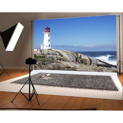 3X2M Vinyle Toile De Fond Phare De Rock Stones Vagues Ciel Bleu Nuage Blanc La Nature Fond Décors Studio Photo Portrait Enfant Video Fete Mariage Photobooth Photographie Accesorios[HDM5235199]