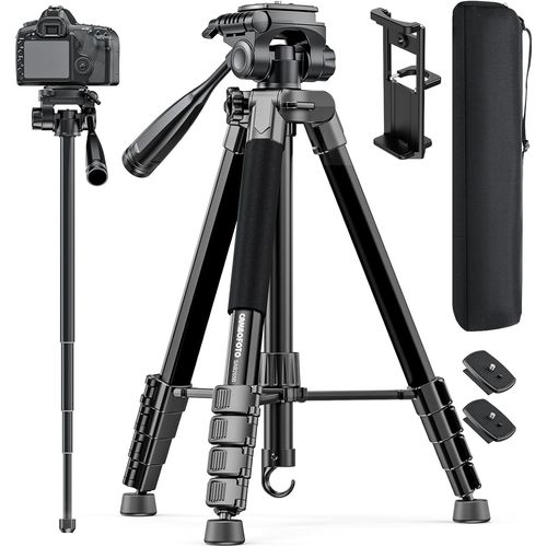 Trépied pour appareil photo 186 cm et monopode professionnel en aluminium pour appareil photo numérique/appareils photo sans miroir, téléphones portables, caméscopes, avec support