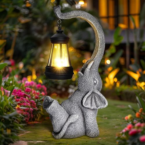 Statue De Jardin Exterieur D'éléphant, Deco Sculptures Solaire Lampe Éléphants Lumière, Idee Cadeau Maman Femme Homme Anniversaire Maison Balcon Terrasse Decoration, Gris