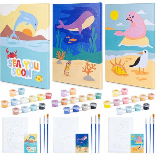 Peinture Numero Enfant Animaux Marins Lot 3 Toiles Peinture par Numero Océan Cadeau Enfant, Kits de Loisirs Créatifs, Activites Manuelles pour Enfants, Paint by Numbers, Jouet Garcon Fille