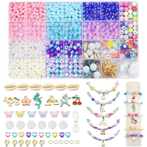 600+ pcs Perles pour Bracelet, Perles Enfant Kit Fabrication Bijoux avec Pendentif Licorne et Sirène, Coffret Perles Jouet Fille de 5 à 12 Ans Cadeaux de Noël, Anniversaire
