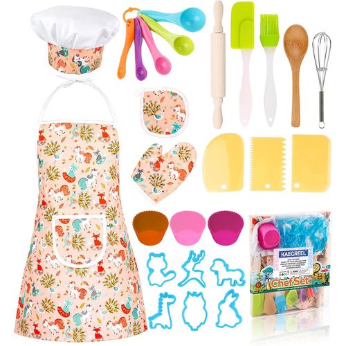 Kit Petit Chef Cuisine Enfant avec Tablier Licorne, 26 Pièces Jouet Cuisine Ustensile avec Toque Cuillères Fouet, Chef Jeu de Rôle Cadeaux pour Garçons Filles 3 4 5 6 7 Ans (Orange)