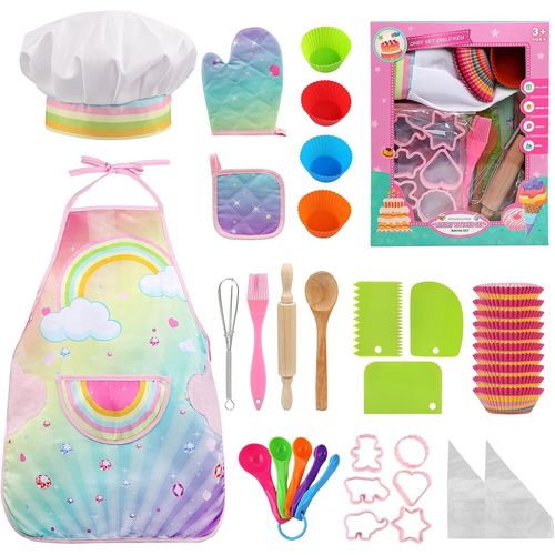 Tablier Cuisine Enfant, Kit Patisserie, Set de Deguisement Cuisinier Accessoire, Jeu de Rôle du Chef pour Fête Anniversaire Halloween Noël pour Fille de 3 à 12 Ans