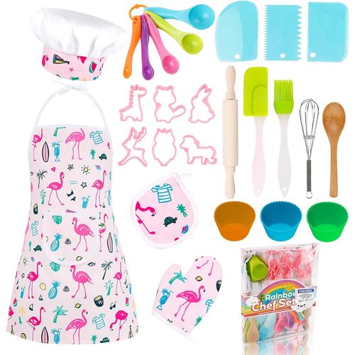 Kit Petit Chef Cuisine Enfant avec Tablier Flamant, 26 Pièces Jouet Cuisine Ustensile avec Toque Cuillères Fouet, Chef Jeu de Rôle Cadeaux pour Garçons Filles 3 4 5 6 7 Ans