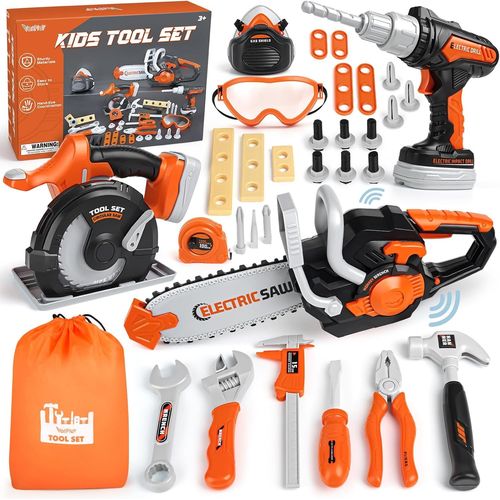 VanBoîte à Outils Jouet pour Enfant 3-6 Ans avec Tronçonneuse, Perceuse Électrique, Scie Circulaire - Cadeau Jeux 3 4 5 6 Ans