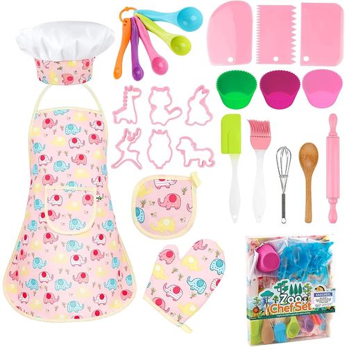 Kit Petit Chef Cuisine Enfant avec Tablier Eléphant, 26 Pièces Jouet Cuisine Ustensile avec Toque Cuillères Fouet, Chef Jeu de Rôle Cadeaux pour Garçons Filles 3 4 5 6 7 Ans