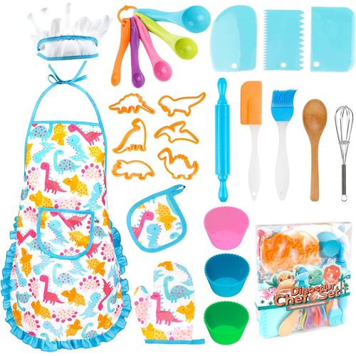 Kit Petit Chef Cuisine Enfant avec Tablier Dinosaure, 26 Pièces Jouet Cuisine Ustensile avec Toque Cuillères Fouet, Chef Jeu de Rôle Cadeaux pour Garçons Filles 3 4 5 6 7 Ans (Bleu)