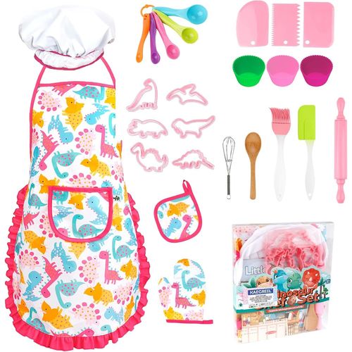 Kit Petit Chef Cuisine Enfant avec Tablier Dinosaure, 26 Pièces Jouet Cuisine Ustensile avec Toque Cuillères Fouet, Chef Jeu de Rôle Cadeaux pour Garçons Filles 3 4 5 6 7 Ans (Rose)