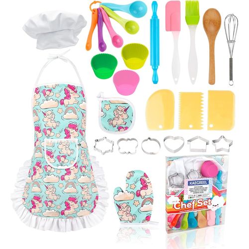 Kit Petit Chef Cuisine Enfant avec Tablier Licorne, 26 Pièces Jouet Cuisine Ustensile avec Toque Cuillères Fouet, Chef Jeu de Rôle Cadeaux pour Garçons Filles 3 4 5 6 7 Ans (Bleu)