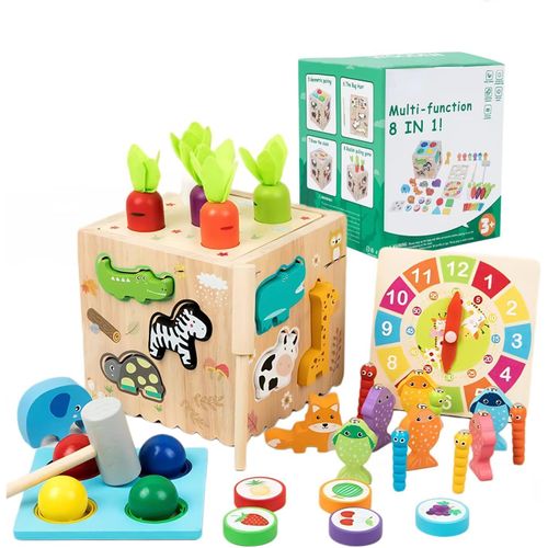 Jouets Montessori pour enfants, kit de jouets en bois 8 en 1 avec appariement d'animaux, tri des couleurs de fruits,pêche,jeu de balle à frapper, cube d'activité de motricité fine,cadeau pour bébé