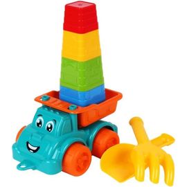 Baby Camion Bébé 1 2 3 Ans et Plus 22 cm avec 4 Seaux à Empiler, Pelle et Râteau Kit de Plage, Sable Magique et Bac à Sable pour Enfant, Jouet pour Jeux de Plage Extérieurs Camion Benne de Plage