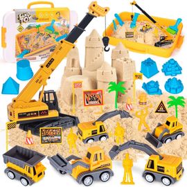 Sable Magique, Chantier de Construction Bac à Sable Magique avec 2KG de Sable, Grue Jouet, Mini Véhicules & Moules, Sensoriels Jouets de Sable Cadeau pour Enfant Garçon Fille 3 4 5+ Ans
