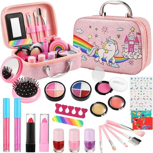 Maquillage Enfant Jouet Fille, 29pcs Kit Maquillage Enfant Fille Lavable, Malette Maquillage Enfant, Licorne Cadeau Fille 3 4 5 6 7 8 9 10 Ans