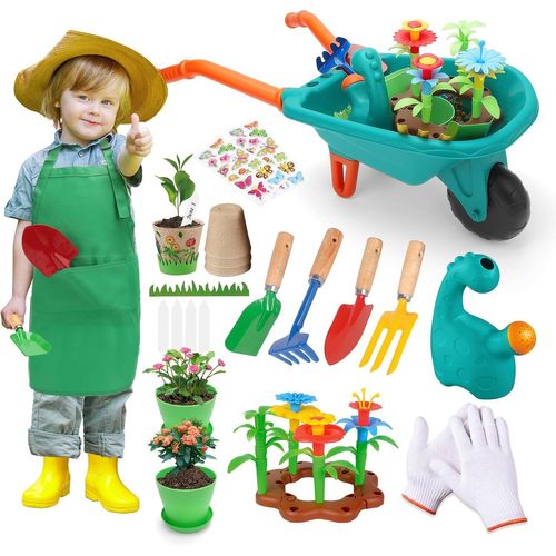 Kit de Jardinage pour Garçons, Ensemble d'outils de Jardinage pour Enfants avec Brouette, Bêche, Râteau, Gants, Arrosoir, Pots de Fleurs, Set de Jardinage Outils de Jardinage & Jouets de Sable