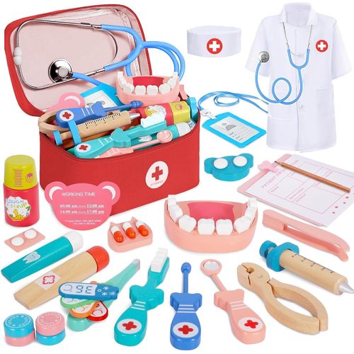 Malette Docteur Enfant Jouet, Kit de Dentiste, 27 pièces avec Véritable Stéthoscope, Thermomètre, Blouse de Médecin et Sac de Médecin Portable-Jouet d'Imitation et Cadeau pour Enfants dès 3 Ans