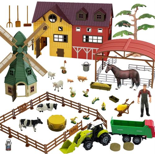 Ferme Animaux Jouet Set avec Moulin à Vent Maison Cheval Écurie Tracteur Remorque Figurines d'animaux Agriculteur Clôture Jeu Enfants Garçons Filles pour 3-7 Ans