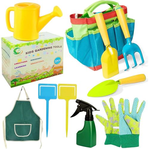 Jouets de Jardin pour Enfants,10 Pieces Sac de Jardinage, Outils de Jardinage,Pelle Rateau Arrosoir Gant Tabliers et Sac de Jardin, Set d¿Outils de Jardin,Cadeaux de Jardinage pour Tout-Petits