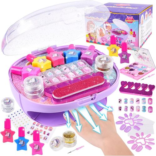 Kit Manucure Enfant Fille avec Sèche Ongles, Maquillage et Autocollants - Jouet Vernis à Ongle - Cadeau Noël 4-12 Ans