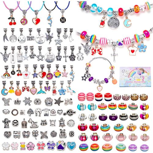 130Pcs Bijoux Enfants, Cadeau Fille 5-13 Ans, Kit de Fabrication de Bracelets, Charms Jouets de Bricolage, Créatif, Breloques Creation Bijoux, Cadeau Noël