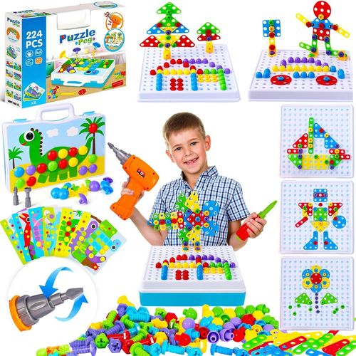 Jouet Enfant 3 4 5 6 Ans Mosaique Puzzle 3D Dinosaure Etabli Enfant Bricolage, Jeux de Construction Visseuse avec Perceuse Électronique, Jouet Montessori Jeu Créative Cadeau Garcon Fille