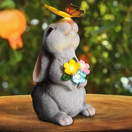 Ornements Solaires De Jardin En Forme De Lapin Avec 7 Led De Couleur Solaire, Statue De Lapin Avec Papillon Et Fleurs, Étanchéité Ip65, Sculpture D'animal En Résine Avec Lampes Solaires