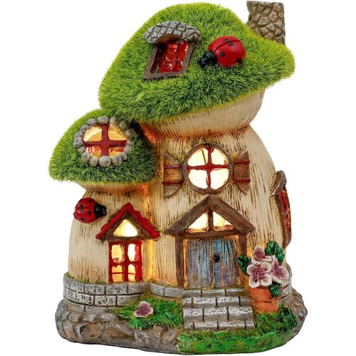 Décoration de jardin en résine imperméable - Maison de fée et coccinelles - Vert - 16,8 cm