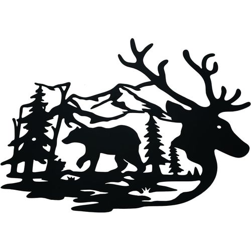 1 pièce en métal - Ours et cerf - Décoration murale - Sculpture murale - Plaque décorative pour la maison, l'intérieur et l'extérieur - Cour - Clôture - Abri de jardin - Noir