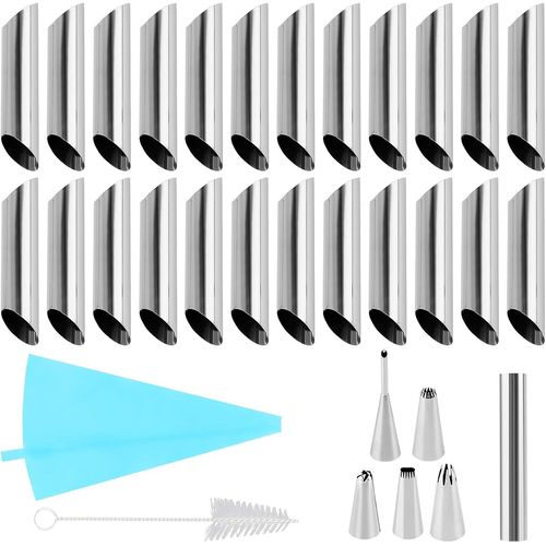 Ytseazn-Lot De 25 Tubes À Cannoli,18 Moules À Cannoli +5 Douilles +1 Poche À Douille +1 Brosse De Nettoyage,Moule À Cannoli En Acier Inoxydable
