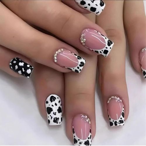 Ytseazn-24 Pièces Ongles Français Courts Faux Ongles Embout Carré Avec Imprimé Léopard Et Design Strass Rose Éclat Ongles En Acrylique Complets Ongles Autocollants 