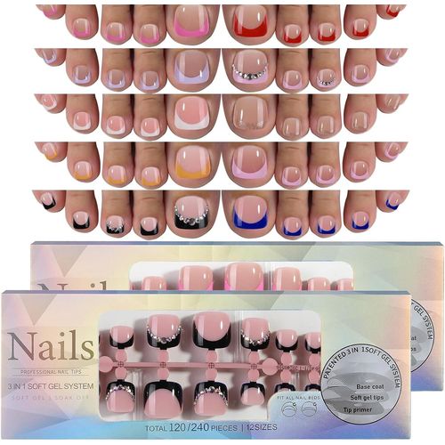 Ytseazn-Faux Ongles Pieds,240pcs Faux Ongles Court French Manucure,10 Couleurs 12 Tailles Faux Ongles À Coller,Faux Ongles Clou Carré Pour Filles Et Femmes 