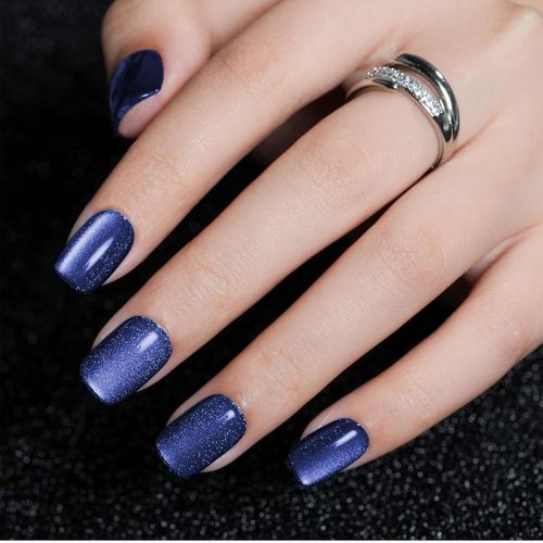 Ytseazn-Press On Nails Lot De 24 Faux Ongles Courts Yeux De Chat Bleus Avec Ongles Adhésifs,Lime À Ongles,Tampons Alcoolisés Et Bâtonnets En Bois 