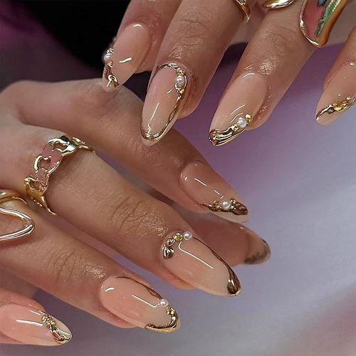 Ytseazn-24 Pcs Faux Ongles Or,Press On Nails Amande,Ongles Artificiels Courts,Ongles Artificiels,Ongles Collants,Faux Ongles,Set De Press Ons Kunstnägel 