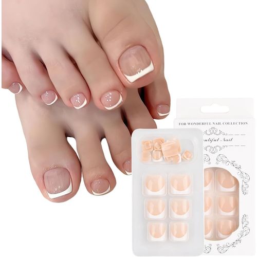 Ytseazn-24 Pièces Français Faux Ongles D'orteil,Carré Cristal Pieds Ongles Avec Colle,Courts Orteil Artificiels,12 Tailles Couverture Complète Toe Nails Pour Dames Femmes Filles Manucure Cadeau 