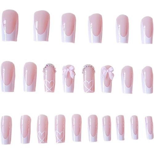 Ytseazn-24 Pcs Kit De Faux Ongles,Faux Ongles Naturels Roses Court Carré Dégradés,Faux Ongle French,Acrylique Ongle,Faux Ongles Acryliques En Amande À Bouts Roses,Glossy Full Cover Stick On Nails 