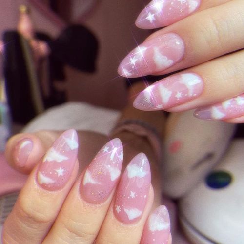 Ytseazn-24 Pcs Amande Faux Ongles Rose Avec Blanc Faux Ongles Nuage Faux Ongles Paillettes Faux Ongles Étoile Faux Ongles Couverture Complète Stick On Nails Art Pour Femmes Et Filles Décoration Quotidienne 