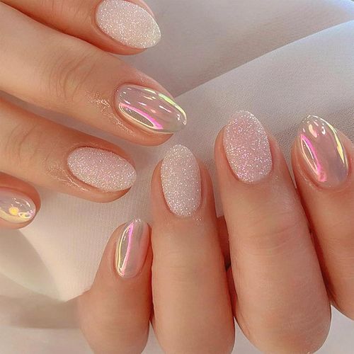 Ytseazn-24 Faux Ongles Ovales Courts,Aurora Stick Sur Les Ongles,Presse Rose Pailletée Sur Les Ongles Ongles À Colle Amovibles Ongles À Couverture Complète 