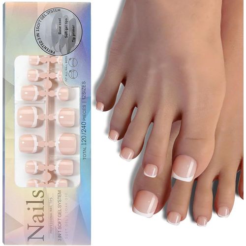 Ytseazn-120 Pièces Faux Ongles Pour Femmes Court Carrés Français Nude À Coller Faux Orteil 12 Tailles Différentes Ongles Pieds À Couverture Complète Press On Nails(Set B) 